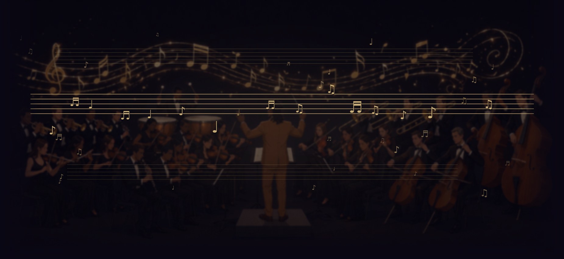Orchestra in performance, with musical notes flowing overhead
